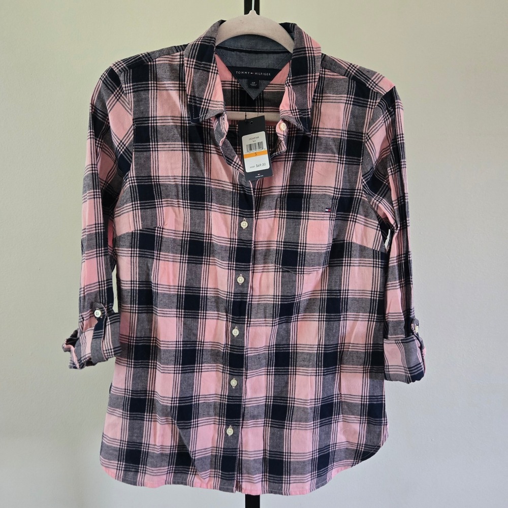 Tommy Hilfiger Pink Navy Blue Plaid Cotton Roll Tab Button Down Shirt S NWT